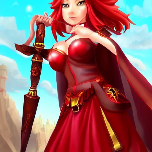 Image similar to natalie from epic battle fantasy, redhead, cartoony, priestess, red robes, highly detailed, fanart