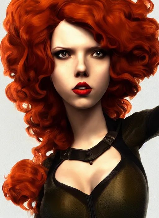 Image similar to biohazard portrait of black widow curly!!! orange!! hair girl bioshock, au naturel, hyper detailed, digital art, trending in artstation, cinematic lighting, studio quality, smooth render, unreal engine 5 rendered, octane rendered, art style by klimt and nixeu and ian sprigger and wlop and krenz cushart