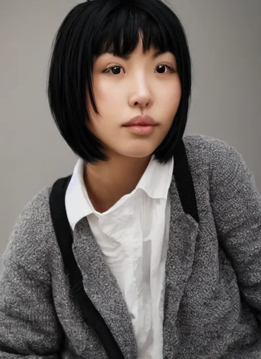 Image similar to beautiful slim tomboy with short black hair and asian eyes