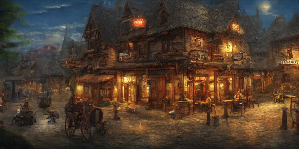 Image similar to howl\'s moving taverns, exterior lanscape shot, tilt-shifted, high quality art, 4k