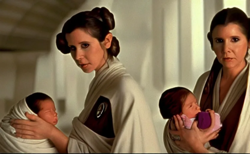 Image similar to screenshot of Princess Leia Organa holding a new born baby in a swaddle, standing next to Han Solo watching with his arms behind his back, pensive, iconic scene from 1980s Star Wars film directed by Ridley Scott, in a sci fi nursing home architecture, last jedi, 4k HD sharp, cinematic still frame, photoreal, detailed face, moody lighting, stunning cinematography, anamorphic lenses, kodak color film stock