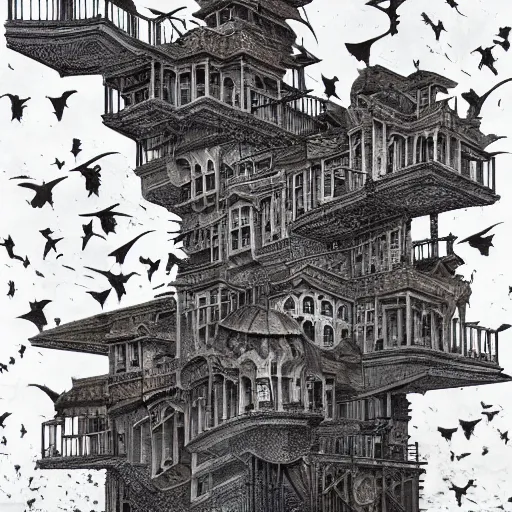 Image similar to crows at a architectural complex with an occult witch by Android Jones and M. C. Escher collaboration, futurist, digital art, dramatic lighting, symbolic