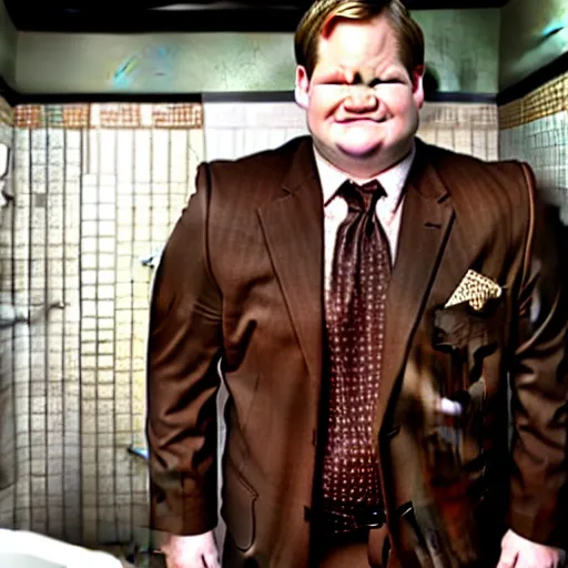 Image similar to Andy Richter is wearing a chocolate brown suit and necktie. Andy is standing inside a bathtub with the shower running over him. The suit and necktie are soaking wet.