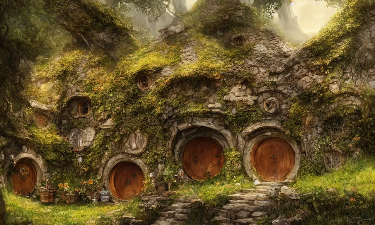 Image similar to The house of the Hobbit Bilbo Baggins, highly detailed, digital painting, artstation, concept art, smooth, sharp focus ilustration, Artstation HQ