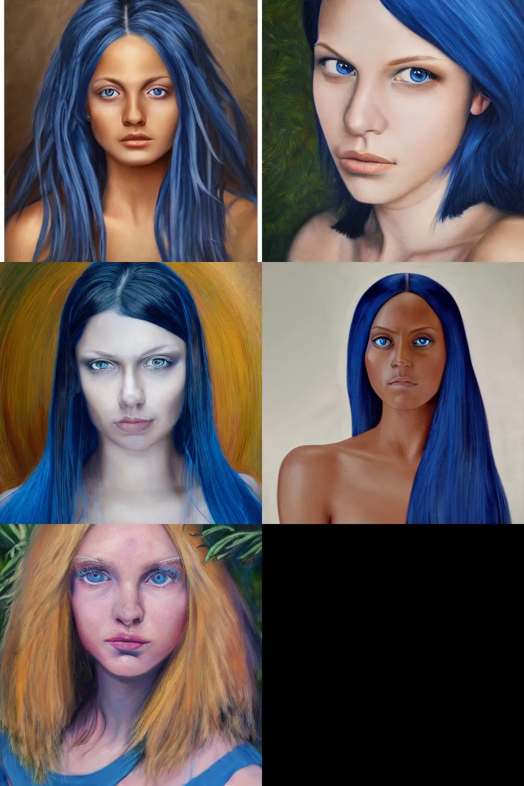 Prompt: portrait of a woman with darker skin with long blue hair and blue eyes, extremely detailed photo realism, photography, oil painting