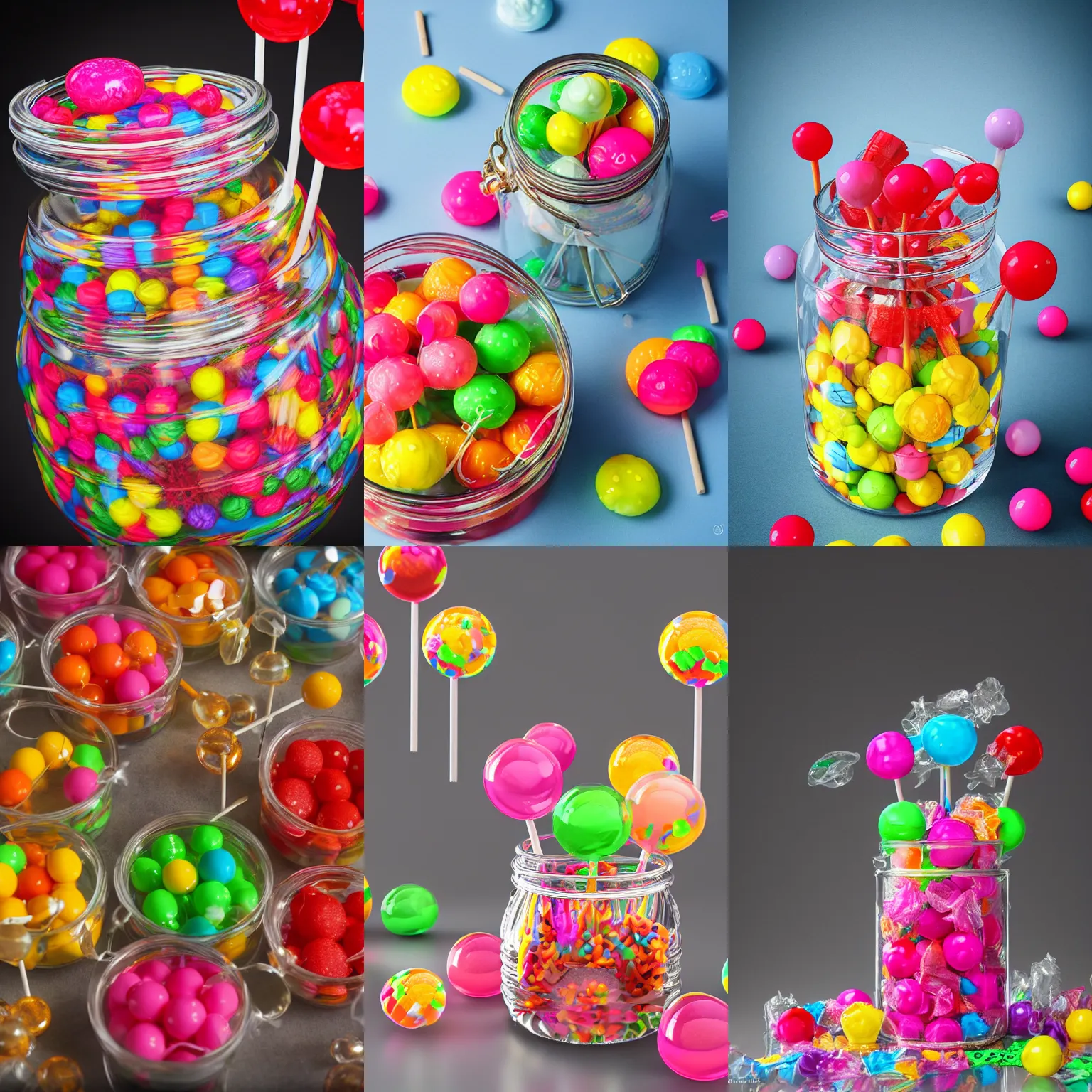 Prompt: a realistic photograph of a glass jar full of lollipops, highly detailed, octane render, professional food photography,