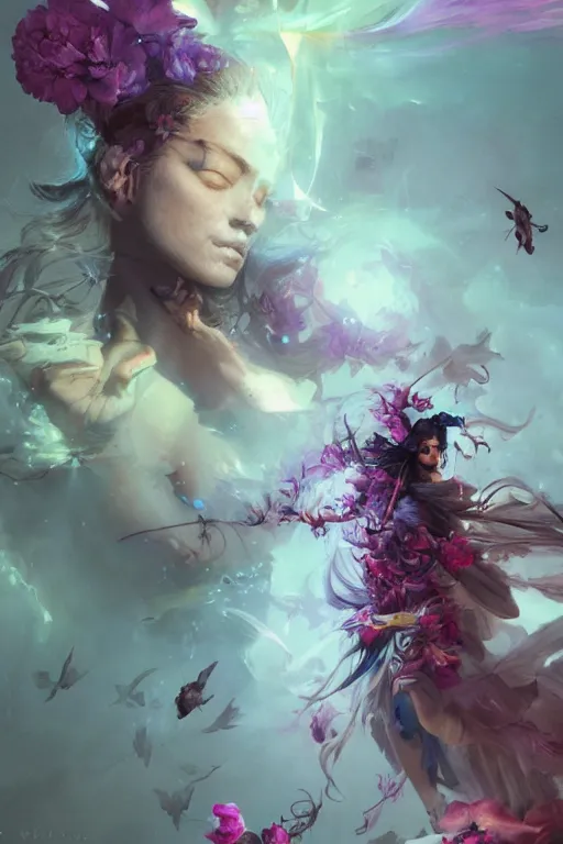 Image similar to beautiful girl necromancer, witch - doctor exploding into flowers, angels, 3 d render, hyper - realistic detailed portrait, holding electricity and birds, ruan jia, wlop. scifi, fantasy, hyper detailed, octane render, concept art, peter mohrbacher