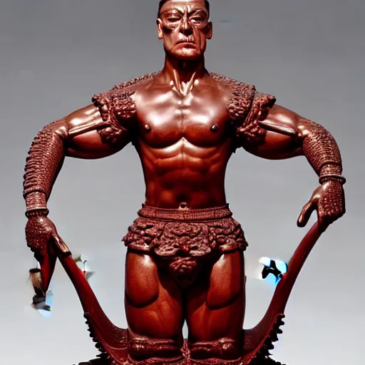 Image similar to museum van damm doing splits portrait statue monument made from porcelain brush face hand painted with iron red dragons full - length very very detailed intricate symmetrical well proportioned