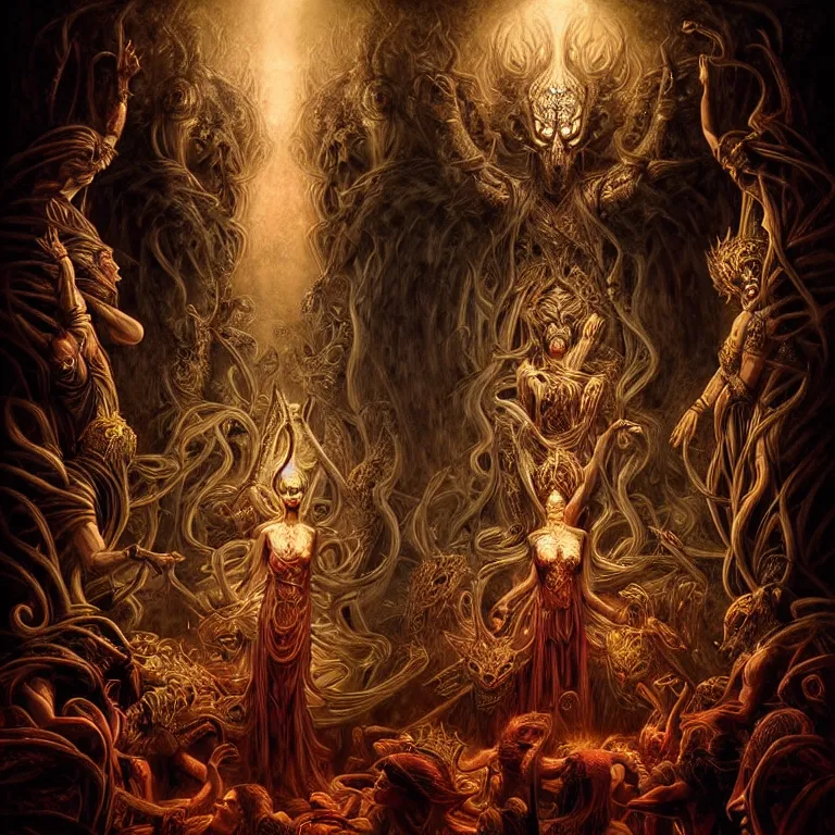 Prompt: epic professional digital art of gods of pain, atmospheric lighting, painted, intricate, detailed, foreboding, by wayne haag, reyna rochin, mark ryden, iris van herpen, epic, stunning, gorgeous, much wow, cinematic, masterpiece.