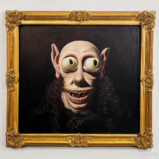 Image similar to oil painting with black background by christian rex van dali todd schorr of a chiaroscuro portrait of an extremely bizarre disturbing mutated man with acne intense chiaroscuro obscuring features lighting perfect composition masterpiece