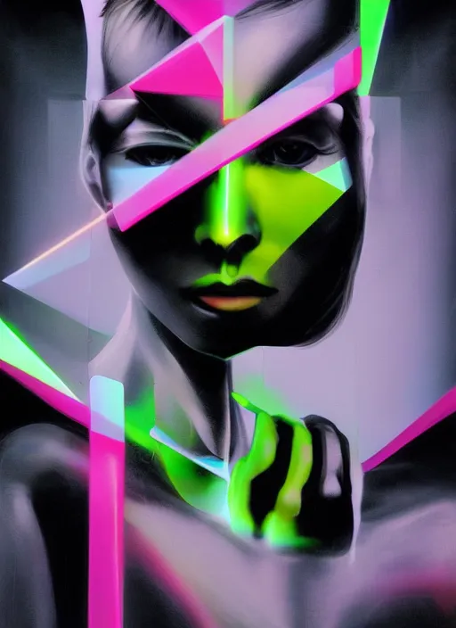Prompt: futuristic fine lasers tracing, data visualization, cyberpunk bodysuit, tesseract, laserpunk, blindfold pyramid visor, rain, wet, oiled, sweat, girl pinup, by steven meisel, kaws, james jean and rolf armstrong, geometric cubist perfect geometry abstract acrylic and hyperrealism photorealistic airbrush collage painting with monochrome and neon fluorescent colors, eighties eros