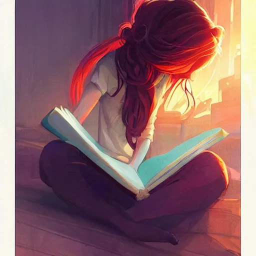 Image similar to a pixar girl reading a book, long hair flowing down, symmetrical, style of by Jordan Grimmer and greg rutkowski, crisp lines and color,