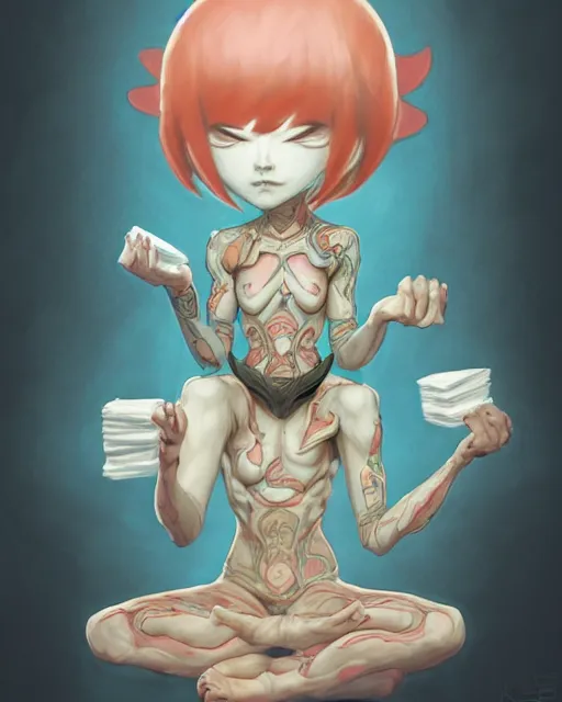 Image similar to a tiny cute demon floating while meditating and wrapped in sacred scrolls, smooth, intricate, elegant, digital painting, artstation, power runes, pulsing energy, concept art, sharp focus, octane render, illustration, art by shintaro kago and josan gonzalez, overwatch character,