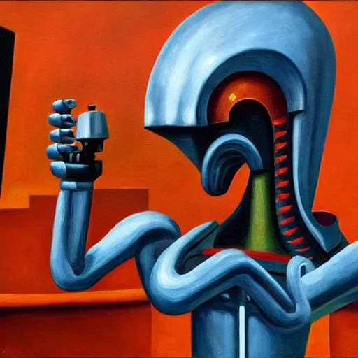 Image similar to alien robot shaman, dystopian, pj crook, edward hopper, oil on canvas