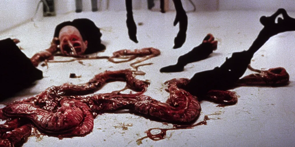 Image similar to filmic extreme wide shot dutch angle movie still 35mm film color photograph of a doctor's stomach sliced open, he is trying to hold his internal organs in place as they fall onto the floor in the style of a horror film The Thing 1982