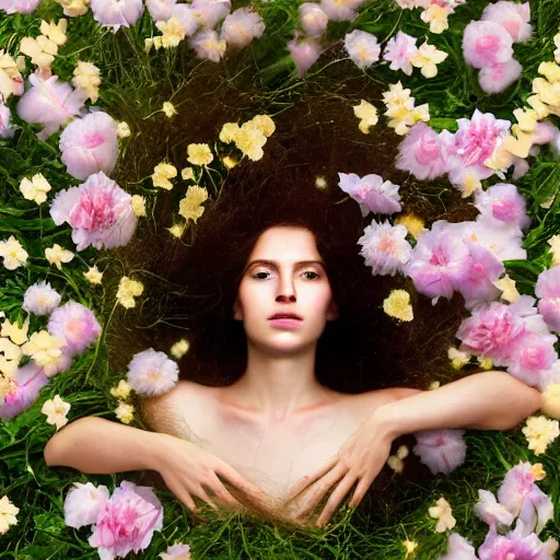 Prompt: photorealistic digital portrait of cute girl model, hair of flowers, in a gold bathtub full of flowers, natural lighting, 5 0 mm still image, artistic, award winning, elegant, by annie leibovitz