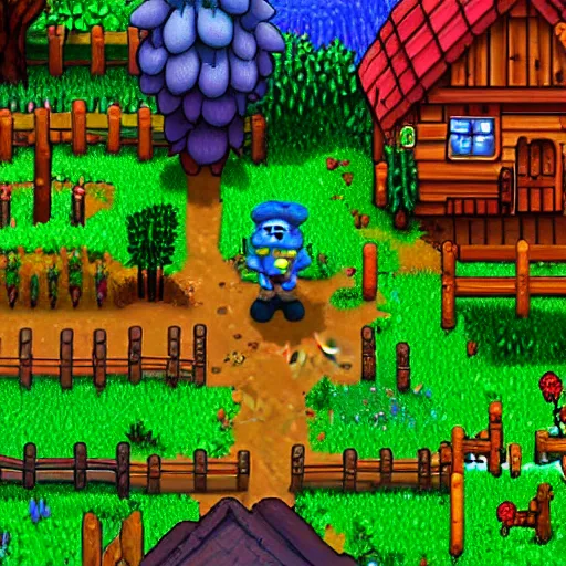 Image similar to smurfs living in stardew Valley 4k