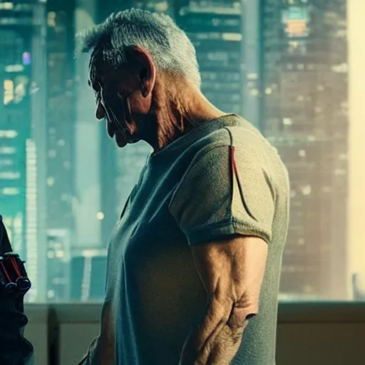 Image similar to cyberpunk buff old man fighting Deadcode humanoid robot Emmanuel Lubezki