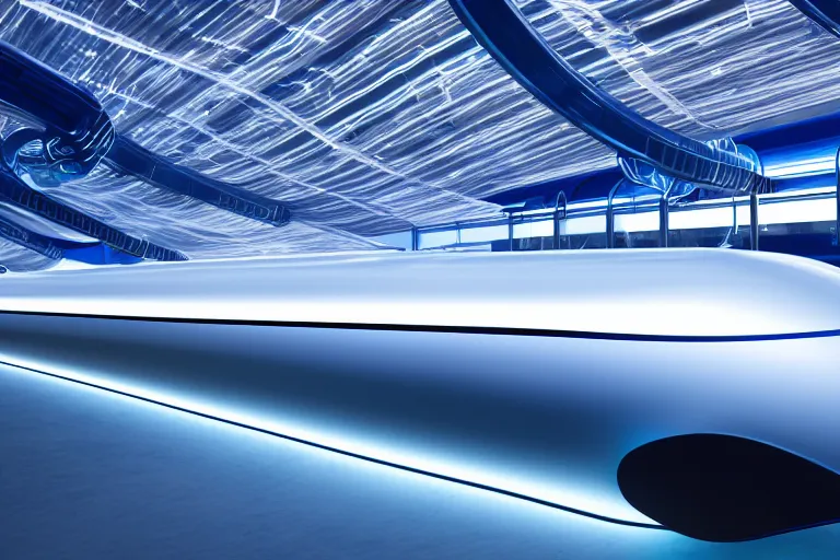 Prompt: transparent long dark blue plastic hyperloop by zaha hadid, space capsule with ray tracing glowing in the dark, dark moody monochrome colors,