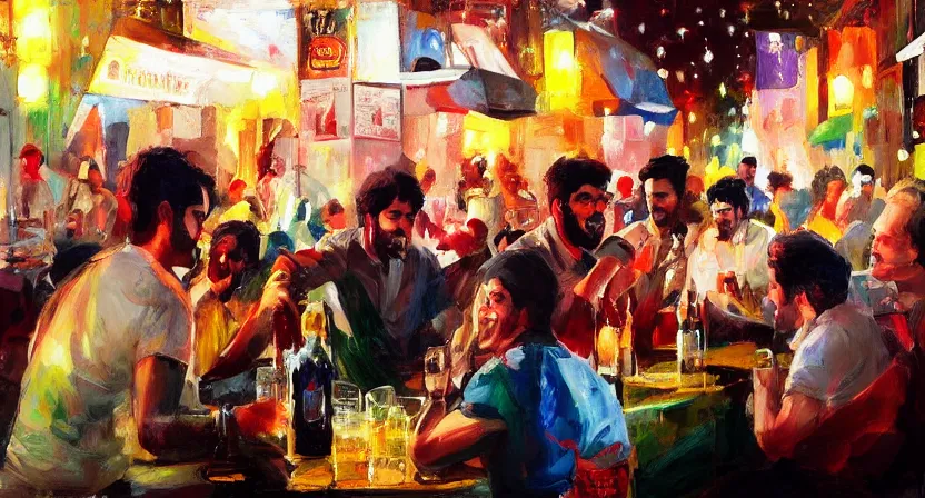 Prompt: people drinking and having fun, artwork by salman toor, cinematic light, atmospheric effects