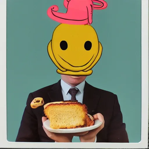 Prompt: anthropomorphic octopus wearing a chef's hat, holding a grilled cheese, 9 0's fashion, polaroid photo, by andy warhol