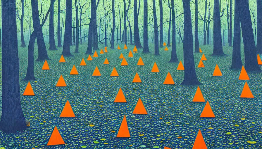 Prompt: safety cones scattered around an oak tree forest, checkered forest floor, by james jean by ilya kuvshinov kintsugi, hyper detailed surrealist painting