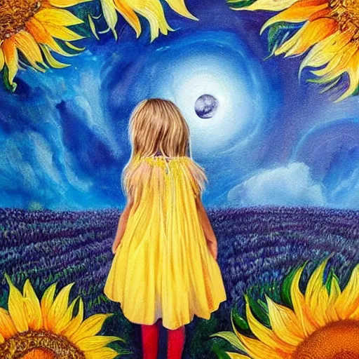 Prompt: breathtaking detailed painting the earth's one moon, with a four year old girl with long dirty blond hair, standing in a sunflower meadow with her back facing us, wearing a rainbow colored dress, on a clear night sky, attention to detail, award winning, oil canvas