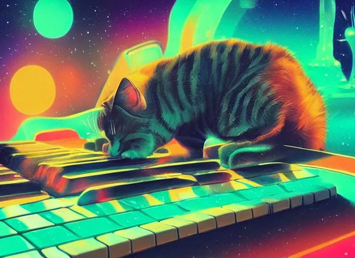 Image similar to cat [ playing a piano ], [ synthwave art style ]!!, trending on cgsociety, neon art style, [ bioluminescent colors ]!!, 4 k surrealism