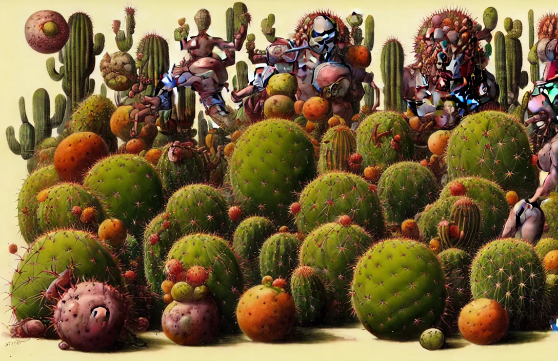 Image similar to a still life of robotic fruit and cactus in the style of wayne barlowe, gustav moreau, peter mohrbacher, bussiere, roberto ferri, santiago caruso, luis ricardo falero, austin osman spare, boris vallejo, hajime sorayama, dali