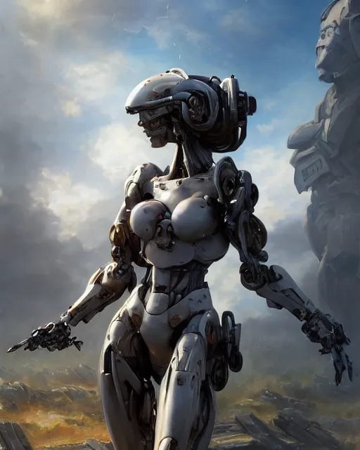 Prompt: daniel gerhartz and artgerm full portrait digital rococo painting of a beautiful serious woman wearing a mecha suit, war torn battlefield in the background, glinting sunlight, unreal engine, hyper realism, realistic shading, cinematic composition, blender render, octane render, hdr, detailed textures, photorealistic, far wide shot, 3 5 mm film