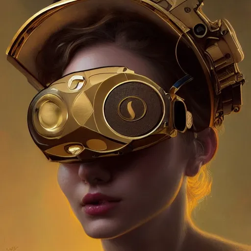 Prompt: mechanical gold vr headset, intricate, elegant, highly detailed, lifelike, digital painting, artstation, illustration, smooth, sharp focus, art by scott davidson, albert aublet, krenz cushart, artem demura, mucha