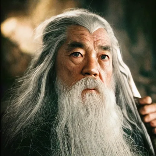 Image similar to a still from “ lord of the rings ” of a head and shoulders portrait of master tang as gandalf, photo by phil noto