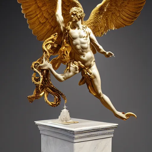 Image similar to thus spoke zarathustra, serpent and eagle, statue, by michaelangelo, by bernini, gold accents, white marble, sunshine, mountaintop, snow, highly detailed,