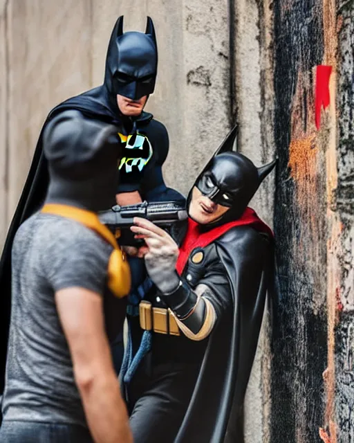 Prompt: happy batman firing super soaker water gun at playful criminals in an alleyway, everyone having fun, product advertisement, photogenic photograph