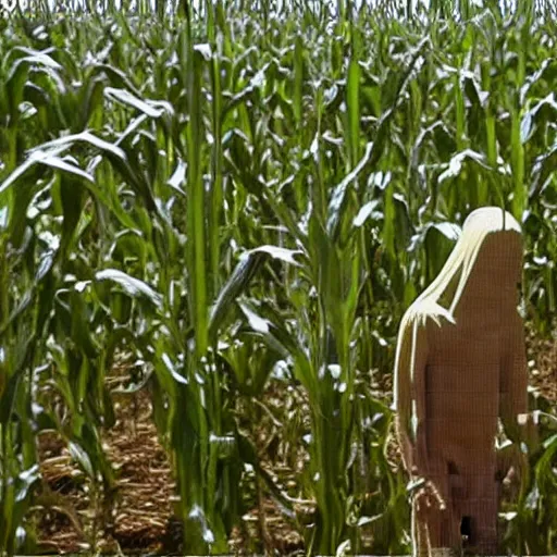 Prompt: found footage grainy photo of an alien creeping through a corn field