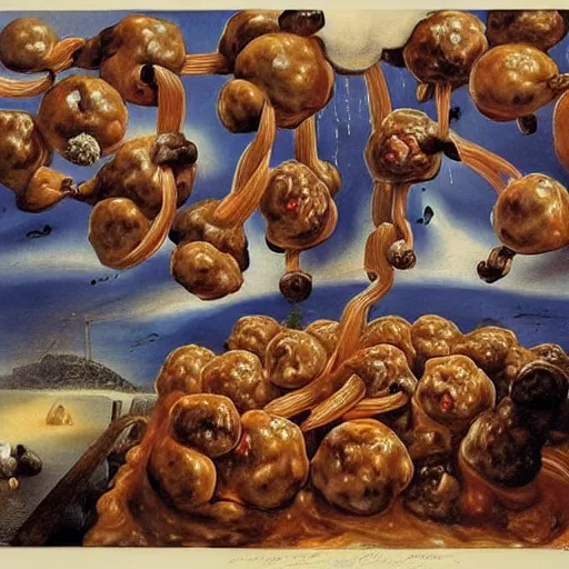 Image similar to a giant mess of women bodies with spaghetti bolognesa and meatballs flying in the stormy sky by dali