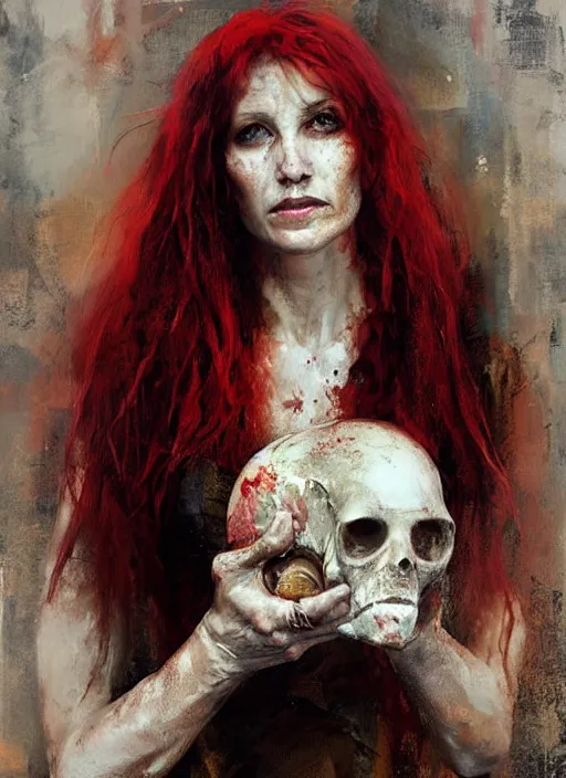 Image similar to portrait painting of beautiful red head ancient irish celtic priestess holding a dinosaur skull, by jeremy mann, only one head single portrait