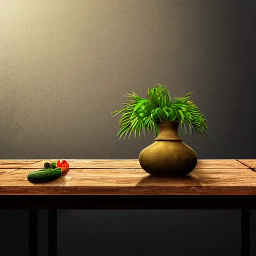 Image similar to a large vase with palms on top of a antique wooden table, vegetables on table and candle, medieval old concept art, cinematic lightning and colors, vray tracing, rendered in unreal engine, dark lightning, contrast shadows, super detailed, 8 k