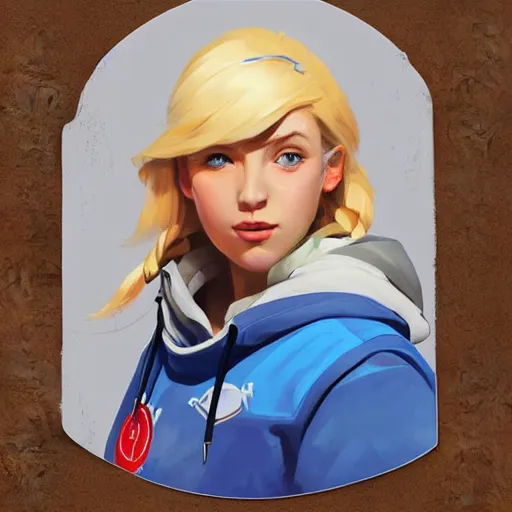 Image similar to greg manchess portrait sticker of a beautiful teen girl with blonde hair, wearing a blue hoodie, as an overwatch character, medium shot, asymmetrical, swedish, sticker, profile picture, organic painting, matte painting, bold shapes, hard edges, street art, trending on artstation, by huang guangjian and gil elvgren and sachin teng