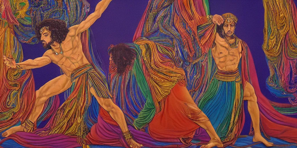 Prompt: an abstract spiritual background, a gay greek god dancing, clear eyes. 2 4 mm, photorealistic, muted color scheme, directed by mati klarwein