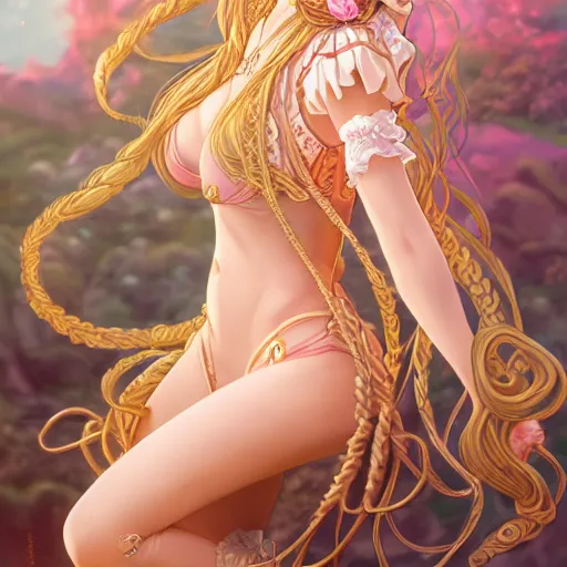 Prompt: very beautiful steampunk art of an anime princess, full body, long braided curly blonde hair, twisted braids, golden watery eyes, full round face, short smile, pale pink bikini, serene beach setting, cinematic lightning, medium shot, mid-shot, highly detailed, trending on artstation, Unreal Engine 4k, cinematic wallpaper by Stanley Artgerm Lau, WLOP, Rossdraws, James Jean, Andrei Riabovitchev, Marc Simonetti, and Sakimichan