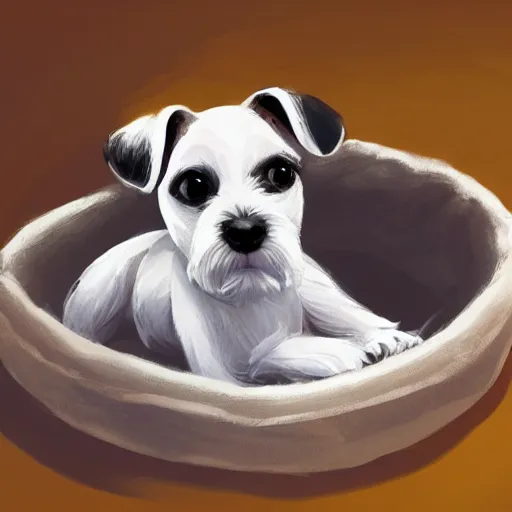 Image similar to adorable jack russel terrier laying in dog bed, in the livingroom, fantasy art, artstation character design contest winner, trending on cgsociety, concept art, speedpaint, beautiful digital art, jesper ejsing, james jean, justin gerard, fenghua zhong, makoto shinkai, highly detailed