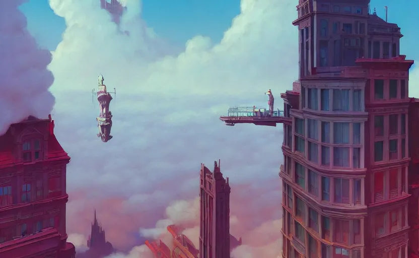 Image similar to A victorian city built above the clouds , very coherent, painted by Edward Hopper, Wayne Barlowe, painted by James Gilleard, airbrush, art by JamesJean