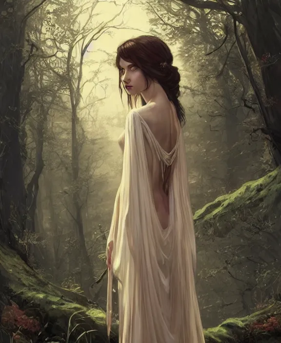 Prompt: masterpiece concept art of a beautiful brunette woman with pale skin in a regal gown seated on an intricate shadow throne, a beautiful highly detailed elegant lady in a fae forest, extremly emotional, cinematic moody colors, realistic shaded lighting poster by ilya kuvshinov, magali villeneuve, artgerm, jeremy lipkin and michael garmash and rob rey