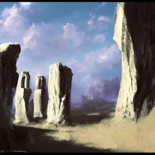 Prompt: concept art by craig mullins of a small, white marble cliff in a meditereanian landscape, with stone henge on top