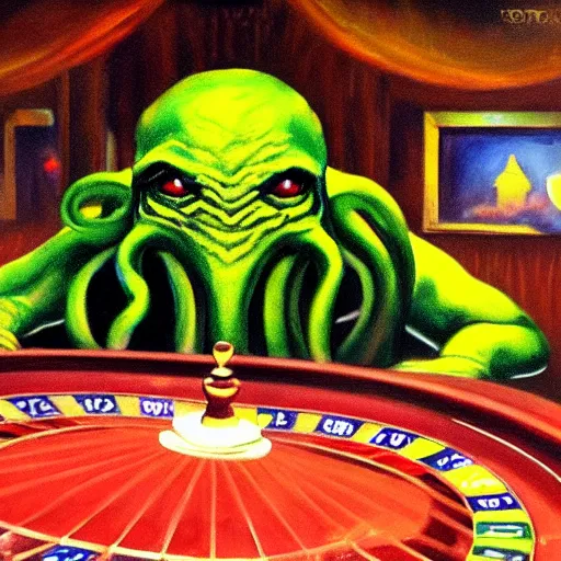 Image similar to oil painting of cthulhu playing in a casino, masterpiece