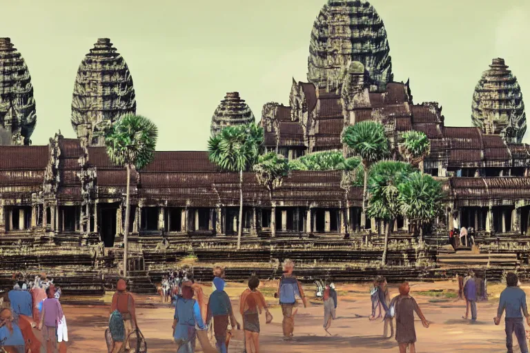 Image similar to angkor wat in the middle of a busy town, big crowd, many vehicles, many buildings, concept art, digital painting by shaddy safadi