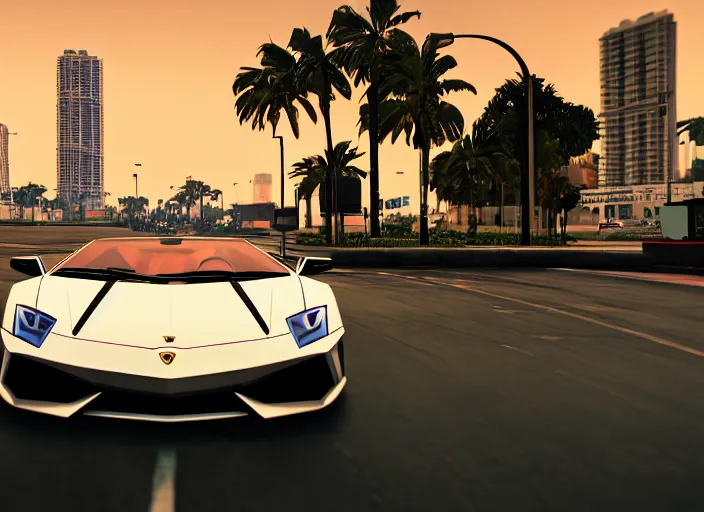 Prompt: still next - gen ps 5 game grand theft auto 6 2 0 2 4 remaster, graphics mods, rain, red sunset, people, rtx reflections, gta vi, miami, palms and miami buildings, photorealistic screenshot, unreal engine, 4 k, 5 0 mm bokeh, close - up lamborghini aventador, gta vice city remastered, artstation