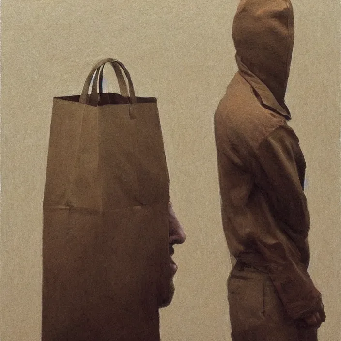 Image similar to man portrait with a paper bag over the head, highly detailed, artstation, art by zdislav beksinski, wayne barlowe, edward hopper