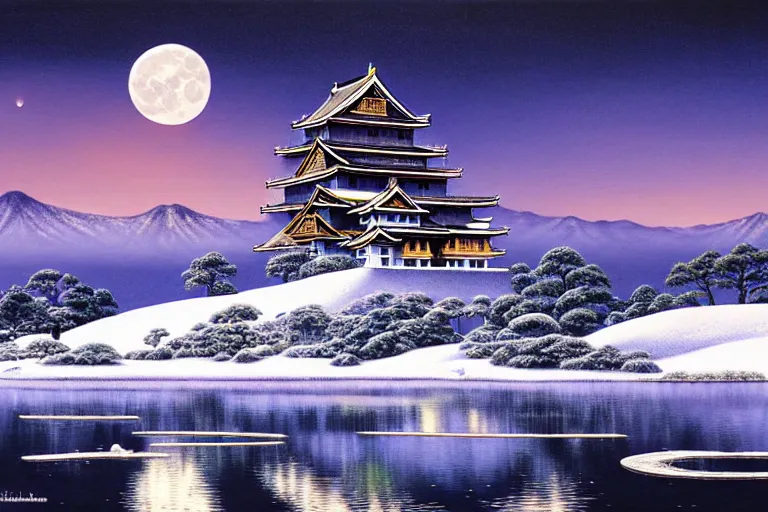 Prompt: landscape with a japanese castle, snowcapped mountains, moonlight, fantasy painting by michael whelan and vicente segrelles and mort kunstler, 4 k, hd, award winning, intricate details